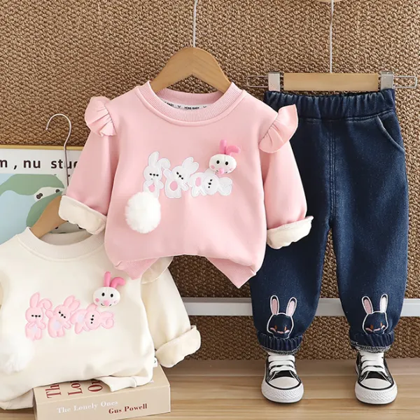 【6M-4Y】2-piece Girls Sweet Dimensional Bunny Embroidery Padded Fleece Sweatshirt And Blue Jeans Set - Popopieshop.com 