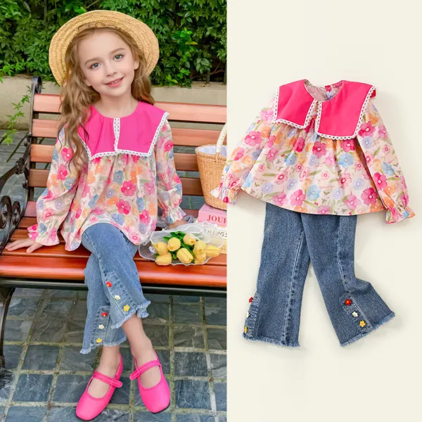 【2Y-8Y】2-piece Girls Sweet Pink Floral Print Blouse And Blue Jeans Set - Popopieshop.com 