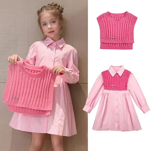 【2Y-8Y】2-piece Girls Stylish Pink Shirt Dress And Sweater Vest Set - Popopieshop.com 