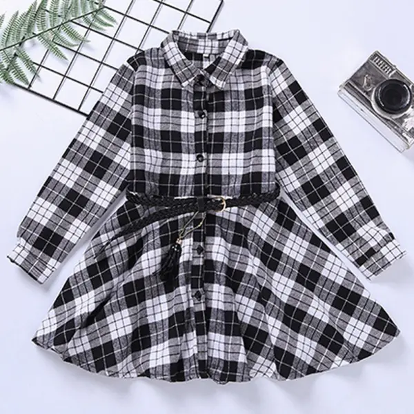 【3Y-12Y】Girls Plaid Long Sleeve Dress With Belt - Popopieshop.com 