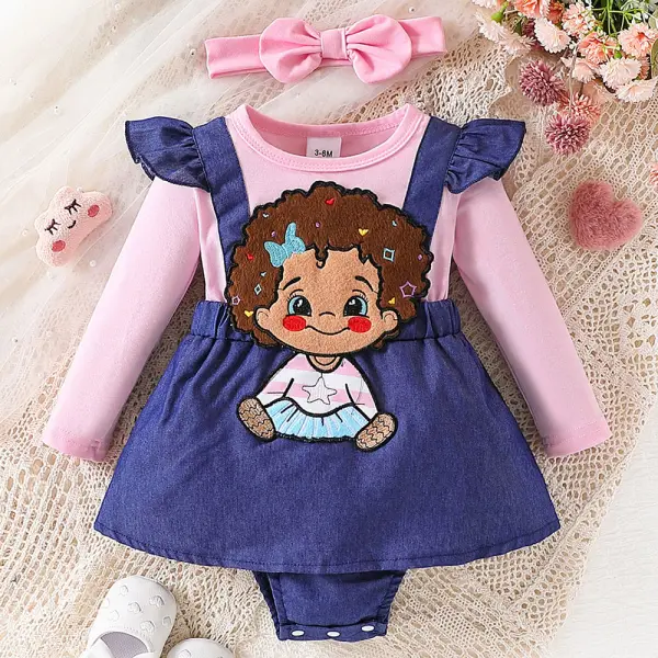 【3M-24M】2-piece Baby Girl Denim Cartoon Embroidery Long Sleeve Romper With Hairband - Popopieshop.com 