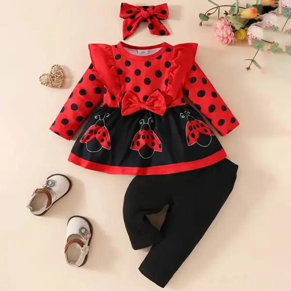 【0M-18M】3-piece Baby Girl Red Polka Dot Ladybug Print Long Sleeve T-shirt And Pants Set With Hairband - Popopieshop.com 