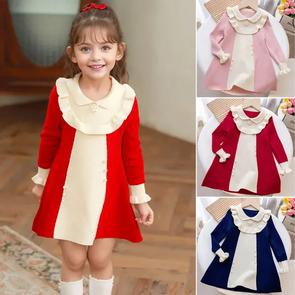 【3Y-10Y】Girls Pearl Ruffle Long Sleeve Sweater Dress - Popopieshop.com 