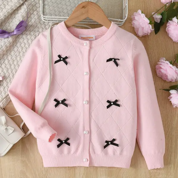 【18M-10Y】Girls Pearl Bow Long Sleeve Sweater Cardigan - Popopieshop.com 