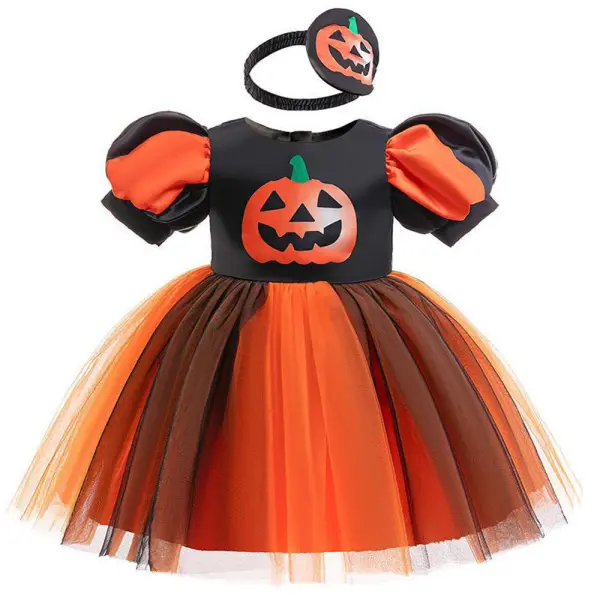 【6M-3Y】2-piece Baby Girls Halloween Pumpkin Print Mesh Short Sleeve Princess Dress With Hair Accessories - Popopieshop.com 