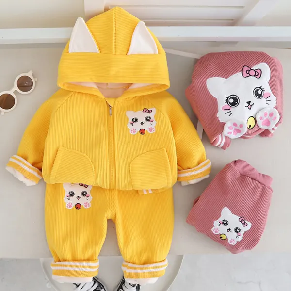【6M-4Y】2-piece Girls Cute Cartoon Cat Print Thickened Corduroy Hooded Jacket And Pants Set - Popopieshop.com 
