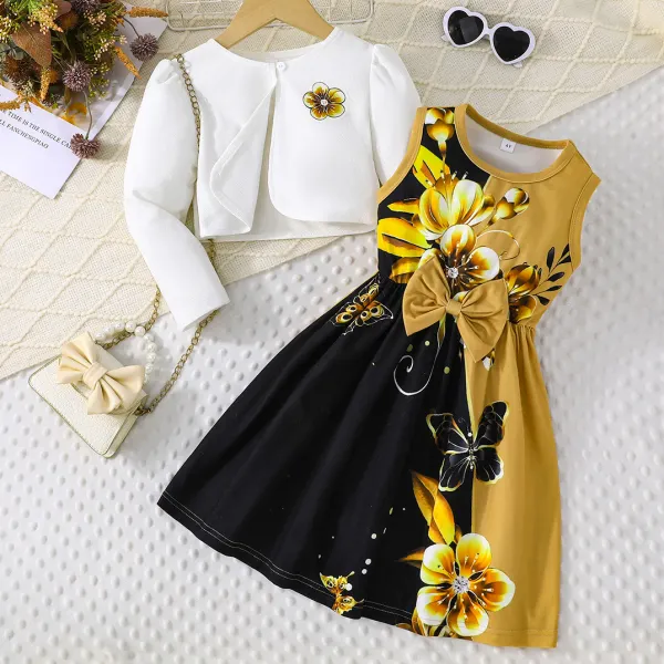 【3Y-7Y】2-piece Girls Stylish Gold Floral Print Bow Dress And White Cardigan Set - Popopieshop.com 