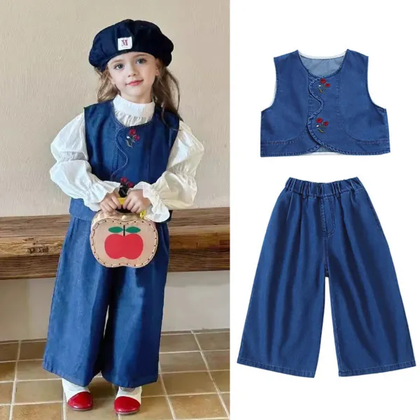 【18M-6Y】2-piece Girls Stylish Floral Embroidered Blue Denim Vest And Jeans Set (Shirt Not Included) - 34775 - Popopieshop.com 