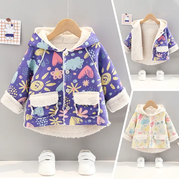【12M-4Y】Girls Cute Floral And Heart Shape Print Padded Fleece Hooded Jacket - Popopieshop.com 