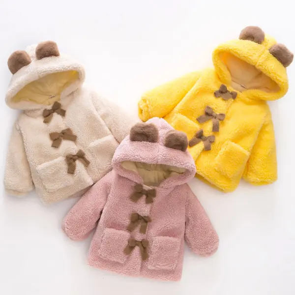 【12M-4Y】Girls Sweet And Cute Bow Padded Fleece Hooded Jacket - Popopieshop.com 
