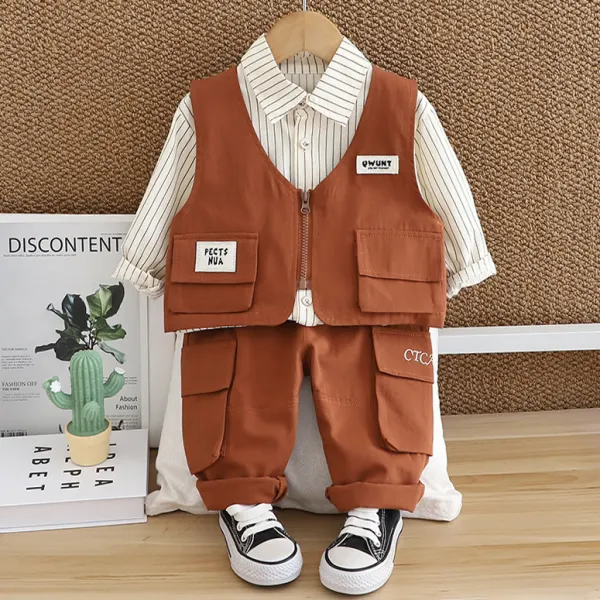 【6M-4Y】3-piece Boys Stylish Striped Shirt And Vest And Cargo Pants Set - Popopieshop.com 