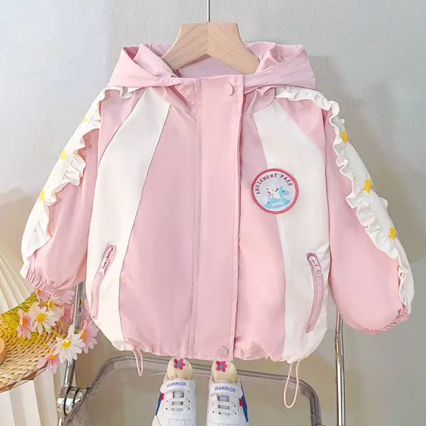 【12M-5Y】Girls Sweet Letter Embroidery Ruffled Color Block Hooded Jacket - Popopieshop.com 
