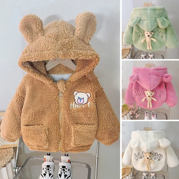 【6M-4Y】Unisex Cute Sherpa Keep Warm Bear Letter Embroidered Hooded Coat - Popopieshop.com 