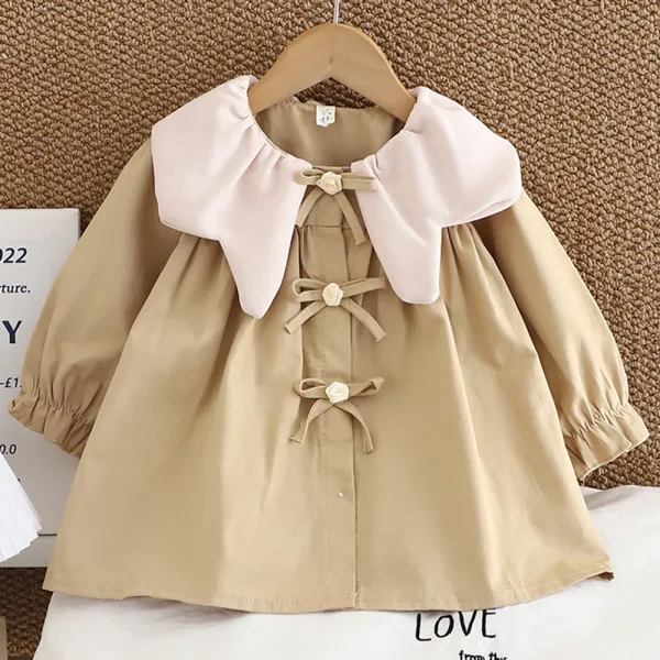 【18M-6Y】Girls Sweet Khaki Petal Collar Bowknot Long Sleeve Coat - Popopieshop.com 