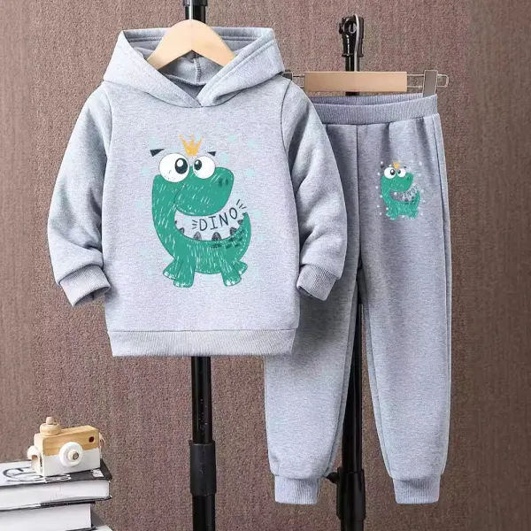 【2Y-8Y】2-piece Boys Casual Cotton Plush Keep Warm Cute Dinosaur Printe Hooded Sweatshirt And Pants Set - Popopieshop.com 