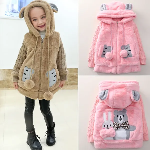 【3Y-12Y】Girls Thick Faux Fur Bunny Bear Embroidered Hooded Jacket - Popopieshop.com 