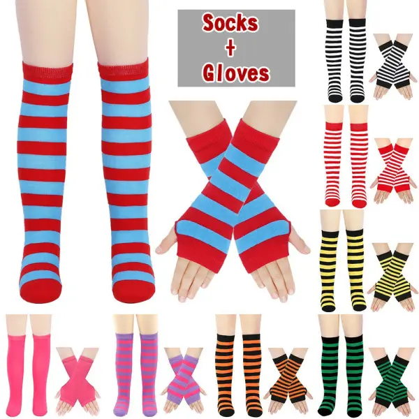 2-piece Girls Christmas Striped Mid-Calf Socks And Gloves Set - Popopieshop.com 