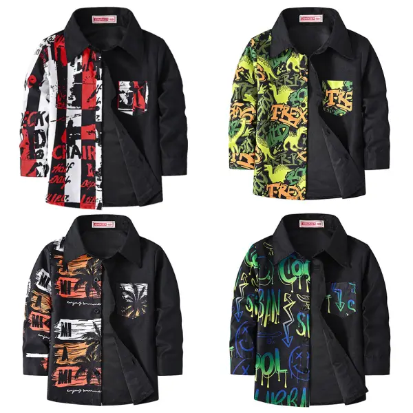 【2Y-12Y】Boys Black Print Long Sleeve Shirt - Popopieshop.com 