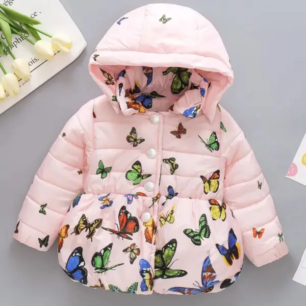 【9M-4Y】Girls Thick Fleece Butterfly Print Hooded Quilted Jacket - Popopieshop.com 