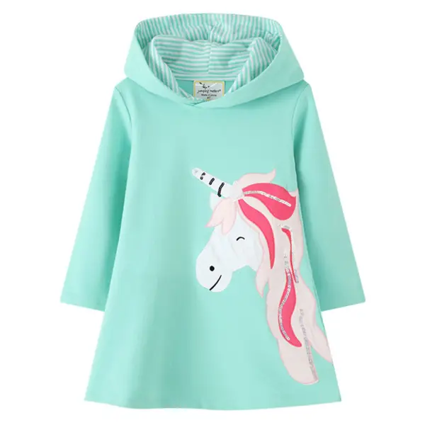 【18M-7Y】Girls Light Green Unicorn Embroidered Long Sleeve Hooded Dress - Popopieshop.com 