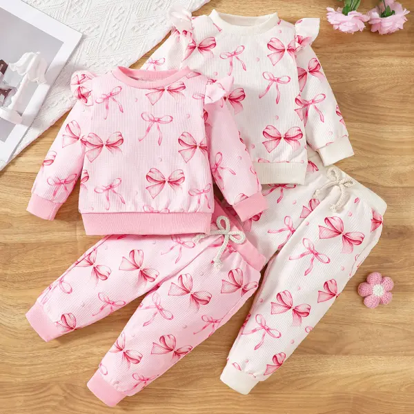 【0M-3Y】2-piece Baby Girl Bow Print Long Sleeve Sweatshirt And Pants Set - Popopieshop.com 