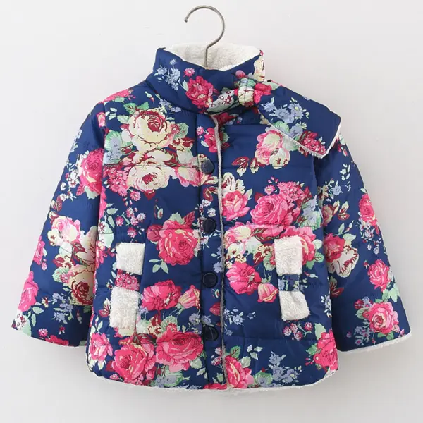 【12M-4Y】Girls Thick Fleece Blue Floral Quilted Jacket - Popopieshop.com 