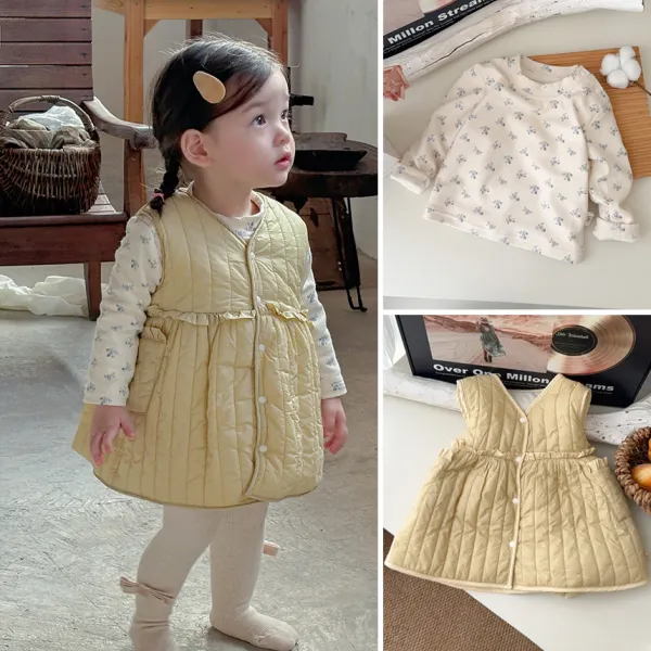 【6M-3Y】Baby Girl Cute Floral Print T-shirt And Khaki Quilted Dress - Popopieshop.com 