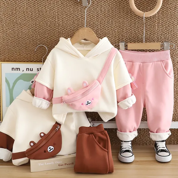 【6M-4Y】2-piece Girls Cute Fake Two Piece Crossbody Design Padded Fleece Hooded Sweatshirt And Sweatpants Set - Popopieshop.com 