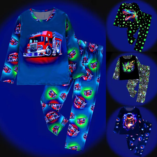 【2Y-8Y】2-piece Boys Cute Glow-in-the-Dark Car Dinosaur Print Long Sleeve Pajamas Set - Popopieshop.com 