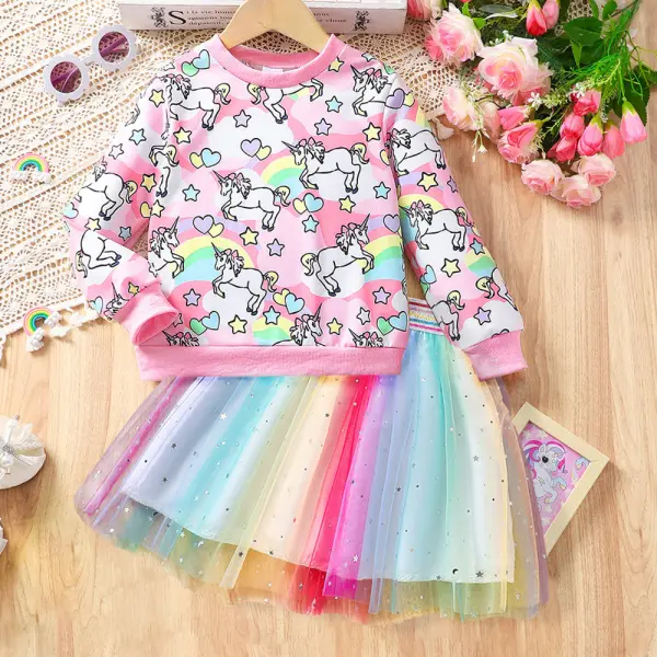 【2Y-7Y】2-piece Girls Sweet Rainbow Unicorn Print Round Neck Sweatshirt And Rainbow Mesh Skirt Set - Popopieshop.com 