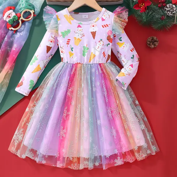 【2Y-8Y】Girl Cute Cartoon Ice Cream Print Splicing Rainbow Mesh Long-sleeved Dress - Popopieshop.com 
