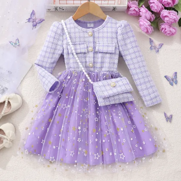 【2Y-7Y】Girls Chanel Style Purple Plaid Splicing Star Print Layered Tulle Dress With Crossbody Bag - Popopieshop.com 