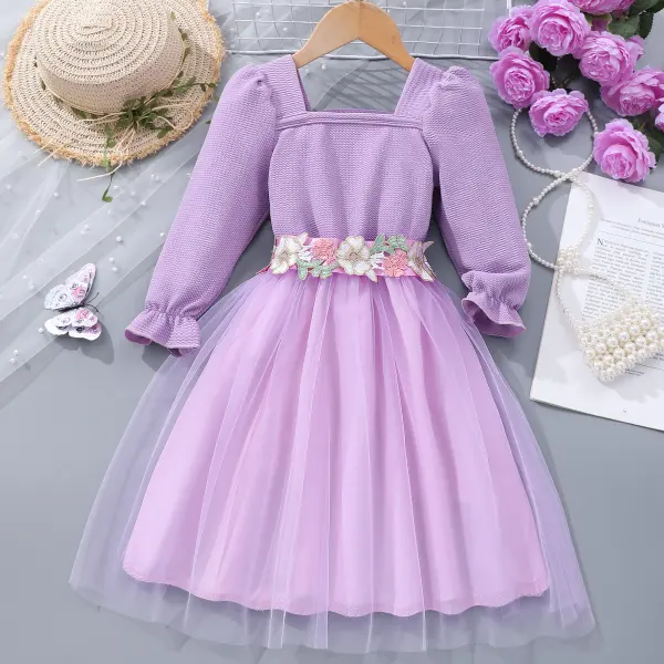 【2Y-7Y】Girls Sweet Purple Applique Square Neck Spliced ​​Layered Tulle Long Sleeve Dress - Popopieshop.com 