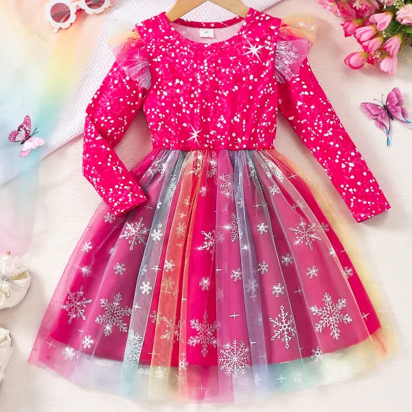 【2Y-8Y】Girls Sweet Rose Red Splicing Snowflake Print Mesh Long-sleeved Dress - Popopieshop.com 