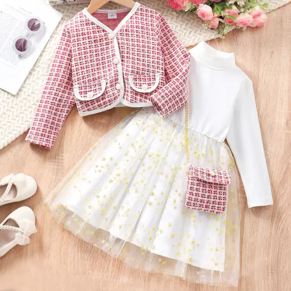【2Y-7Y】3-piece Girls Elegant Plaid Long-sleeved Coat And White Splicing Star Mesh Long-sleeved Dress Set With Crossbody Bag - Popopieshop.com 