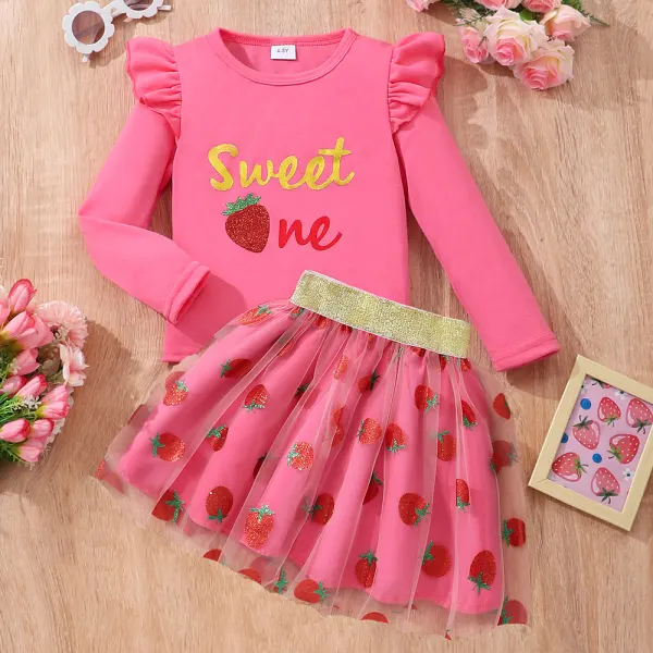 【18M-7Y】2-piece Girls Cute Letter Print Ruffled Long-sleeved T-shirt And Strawberry Mesh Skirt Set - Popopieshop.com 