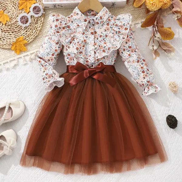 【2Y-7Y】Girl Sweet Floral Ruffled Lapel Splicing Layered Tulle Long-sleeved Dress - Popopieshop.com 