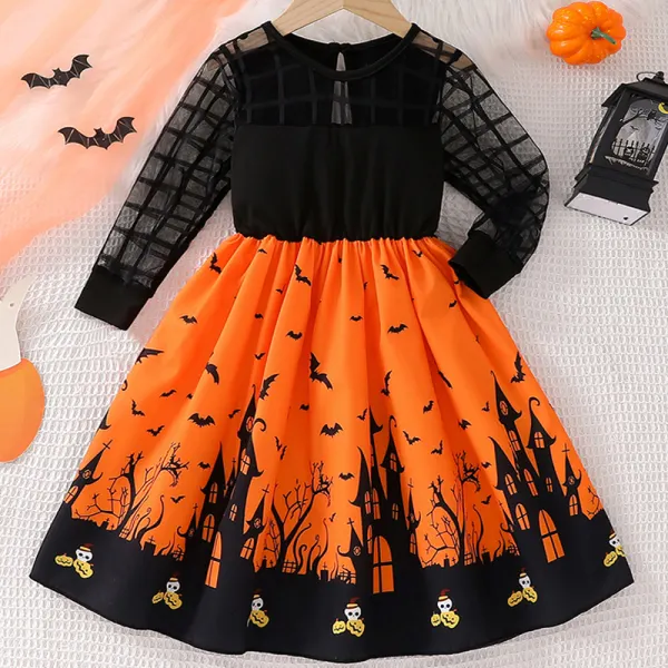 【3Y-10Y】Girls Halloween Mesh Spliced ​​Castle Bat Print Long Sleeve Dress - Popopieshop.com 