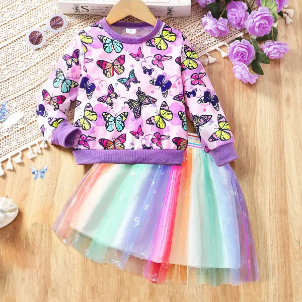 【2Y-7Y】2-piece Girls Sweet Colorful Butterfly Print Round Neck Sweatshirt And Rainbow Mesh Skirt Set - Popopieshop.com 