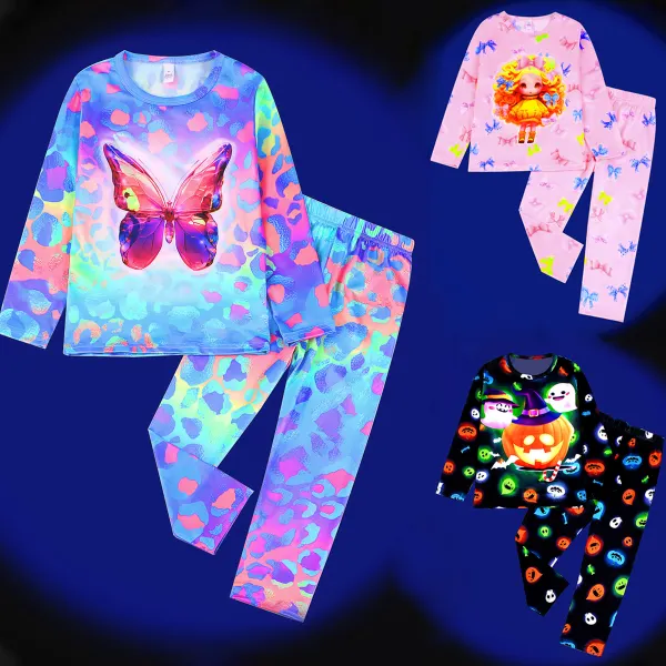 【2Y-8Y】2-piece Girls Cute Luminous Cartoon Butterfly Pumpkin Print Long Sleeve Pajamas Set - Popopieshop.com 