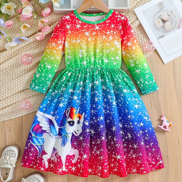 【3Y-10Y】Girls Cute Rainbow Stars Unicorn Print Long Sleeve Dress Only $23.99 - Popopieshop.com 
