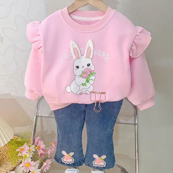 【9M-4Y】2-piece Girls Bunny Print Long Sleeve Sweatshirt And Jeans Set - Popopieshop.com 