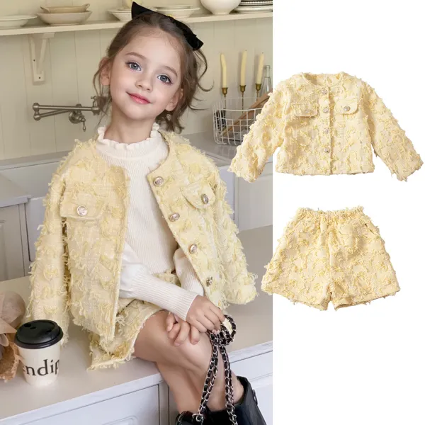 【18M-8Y】2-piece Girls Elegant And Stylish Light Yellow Tweed Jacket And Shorts Set - 34784 - Popopieshop.com 