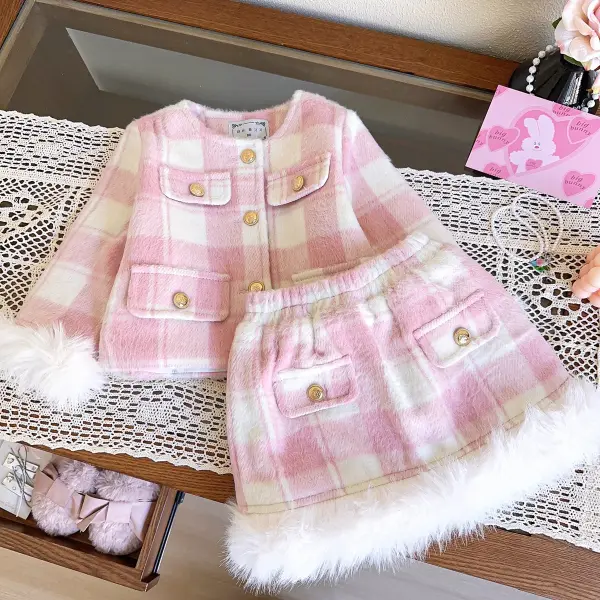 【18M-8Y】2-piece Girls Sweet Fashion Pink Plaid Padded Quilted Tweed Jacket And Skirt Set - Popopieshop.com 