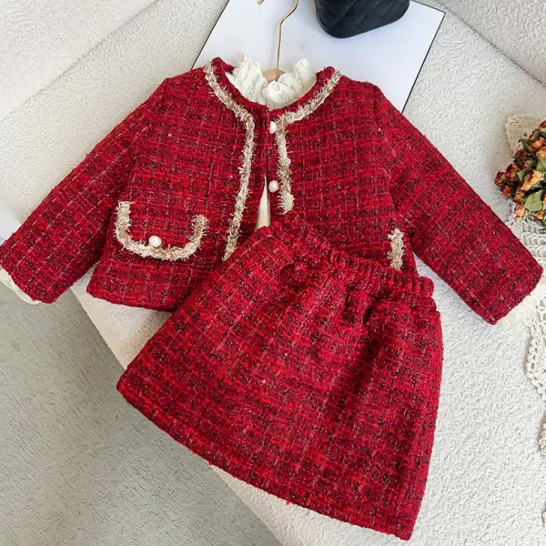 【18M-8Y】2-piece Girls Stylish Padded Quilted Red Tweed Cardigan And Skirt Set - Popopieshop.com 