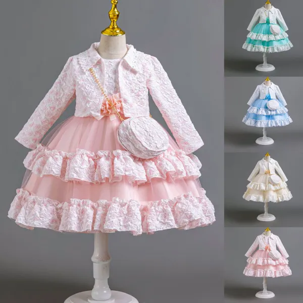 【2Y-8Y】3-piece Girls Elegant And Fashionable Floral Jacquard Cardigan And Ruffle Dress Set With Bag - Popopieshop.com 