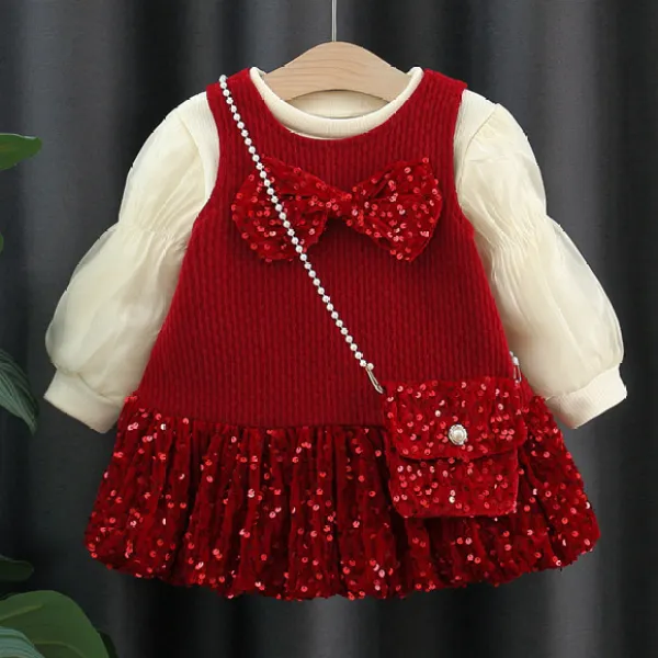 【12M-5Y】3-piece Girls Sweet Fashion Sequin Bow Dress And White T-shirt Set With Bag - Popopieshop.com 