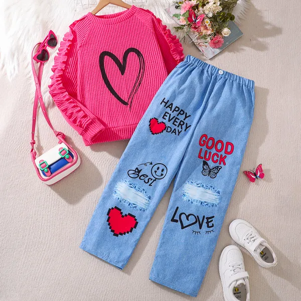 【7Y-12Y】2-piece Girls Stylish Heart Shape Print Rose T-shirt And Letter Print Blue Jeans Set - Popopieshop.com 