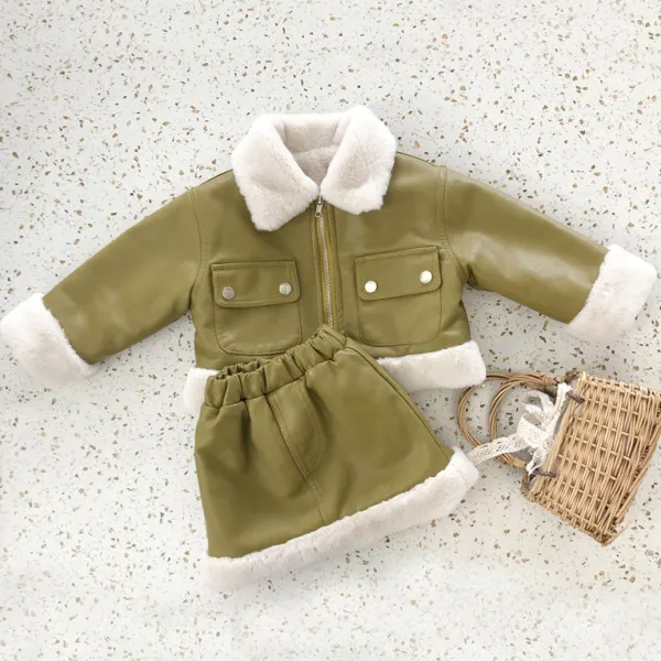 【18M-8Y】2-piece Girls Fashion Padded Fleece PU Jacket And Skirt Set - Popopieshop.com 