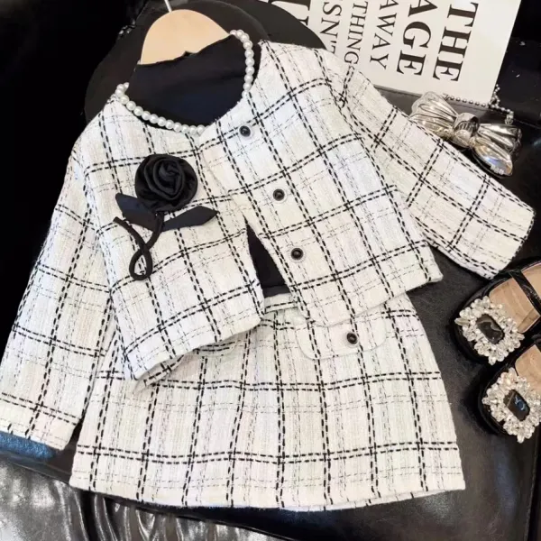 【18M-8Y】2-piece Girls Sweet Fashion Floral Embroidered Plaid Tweed Jacket And Skirt Set - Popopieshop.com 